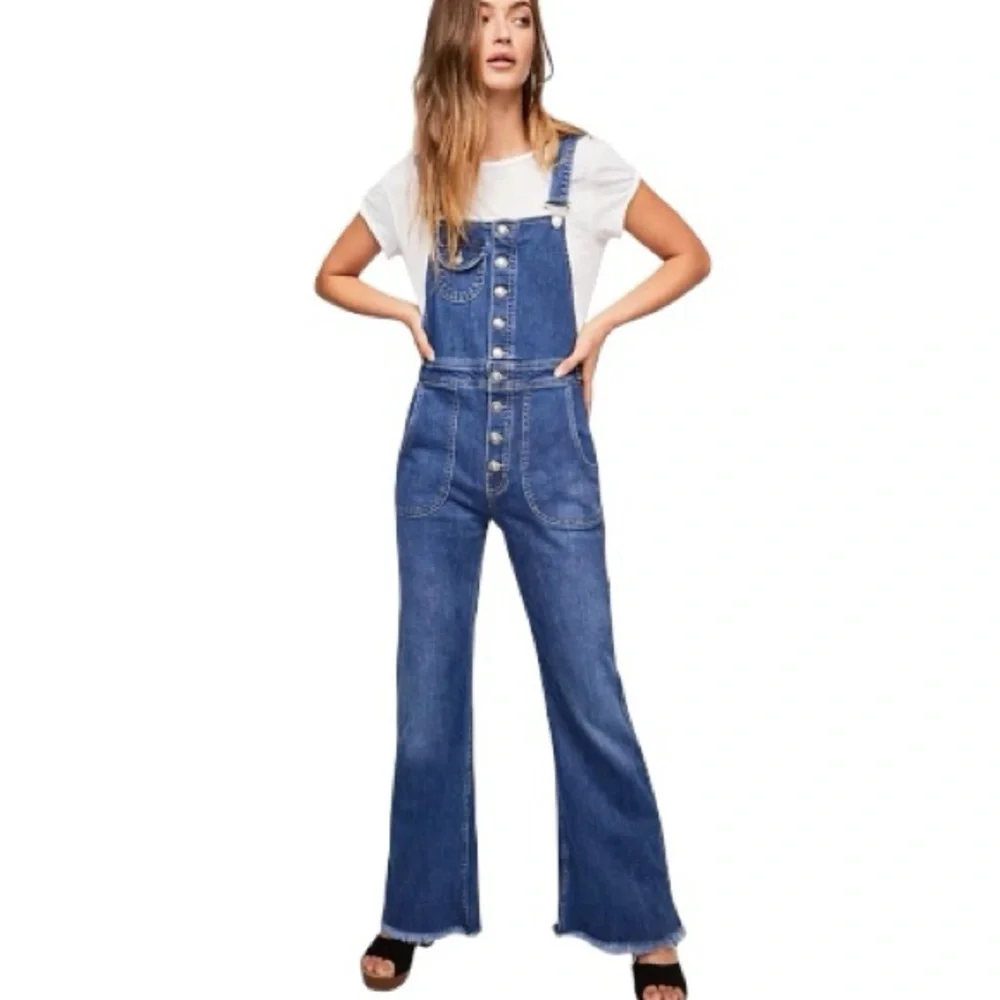 FREE PEOPLE Alvin Flared Overall Y2K Retro Raw Hem Denim Blue Size 28 - Picture 2 of 15